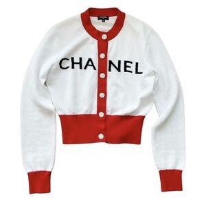 Auth Chanel Iconic White Red Cropped Cardigan Sweater